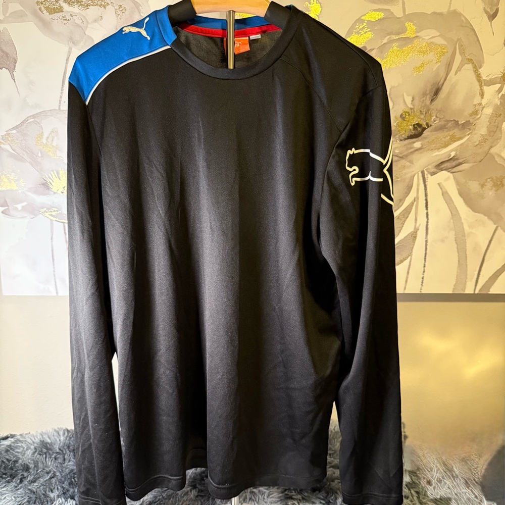 Puma Men's Black and Blue Long Sleeve Shirt. Size L